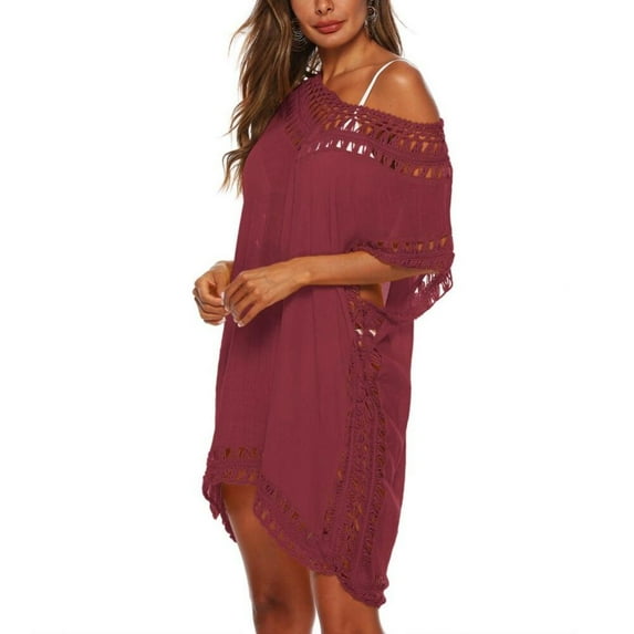 Monfince Swimsuit Cover Ups for Women, V Neck Hollow Out Swim Coverup Crochet Chiffon Summer Beach Cover Up Dress, Red, Average