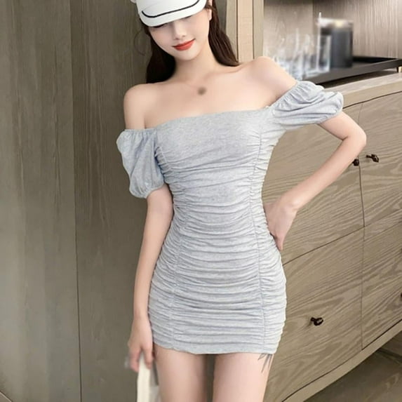 Monfince Women Off Shoulder Mini Dress Summer Solid Color Slash Neck Slim Short Sleeve Pleated Dress