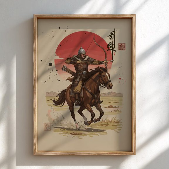 Mongol Archer Sumi E Wall Art Print, Unframed Paper Poster 8x10in