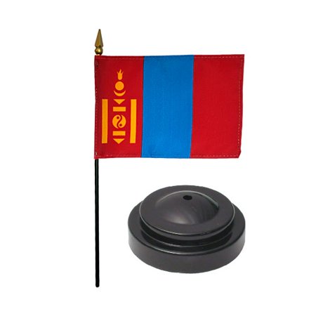 Mongolia Desk Flag with Base; American Made Rayon 4x6 inch Miniature Table Set Includes One Small Mini Country Stick Flags and One Black Stand (Mongolia Desk Flag and Base)