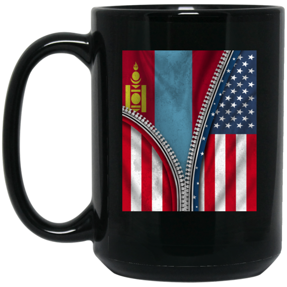 Mongolian Flag American Mongolia Coffee Mug, Patriotic Roots Design 15oz Black Coffee Mug