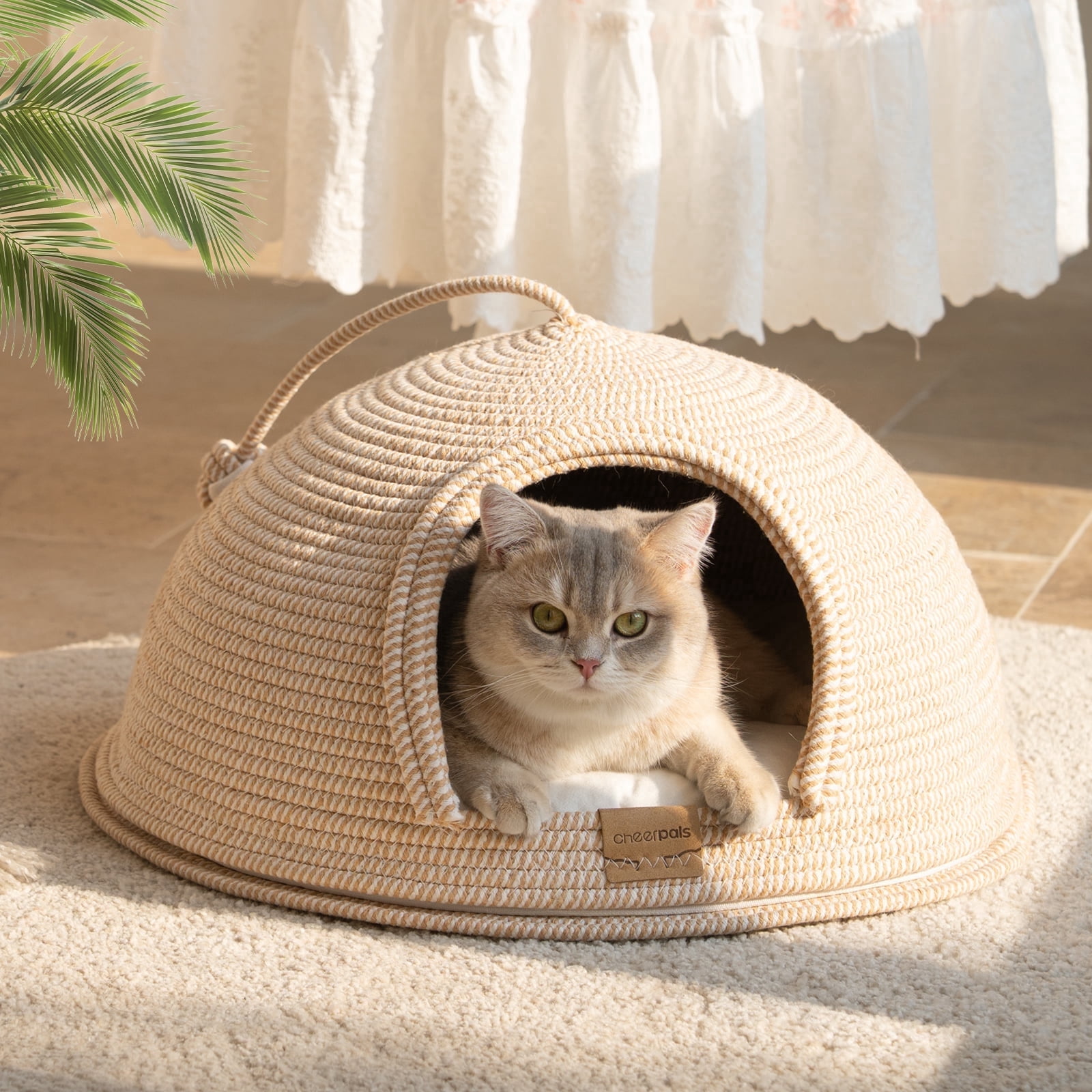 CheerPals Cat Cave Bed with Cushion, 21*21in All-Season Large Cats House Tent with Toy Ball for Indoor