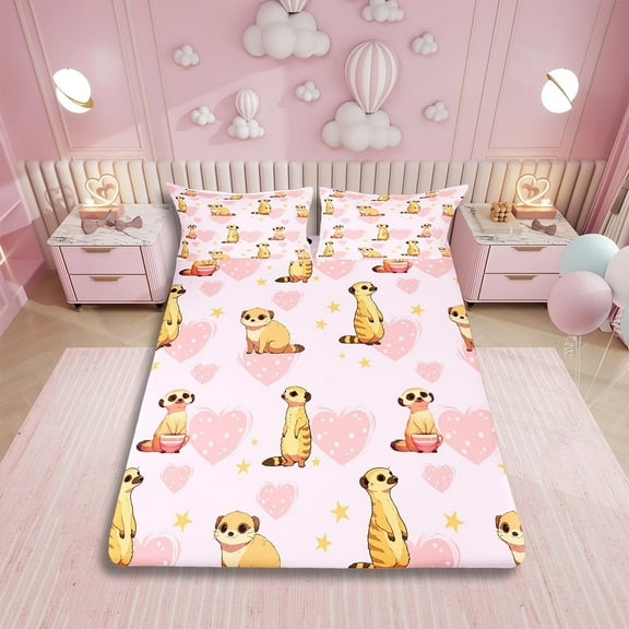 Mongoose Bed Sheets Set,Cartoon Zoo Animal Sheet Set Twin for Kids Boys Girls,Farm Mongoose Sheets,Love Heart Flat Fitted Sheet with 1 Pillowcase for Bedroom