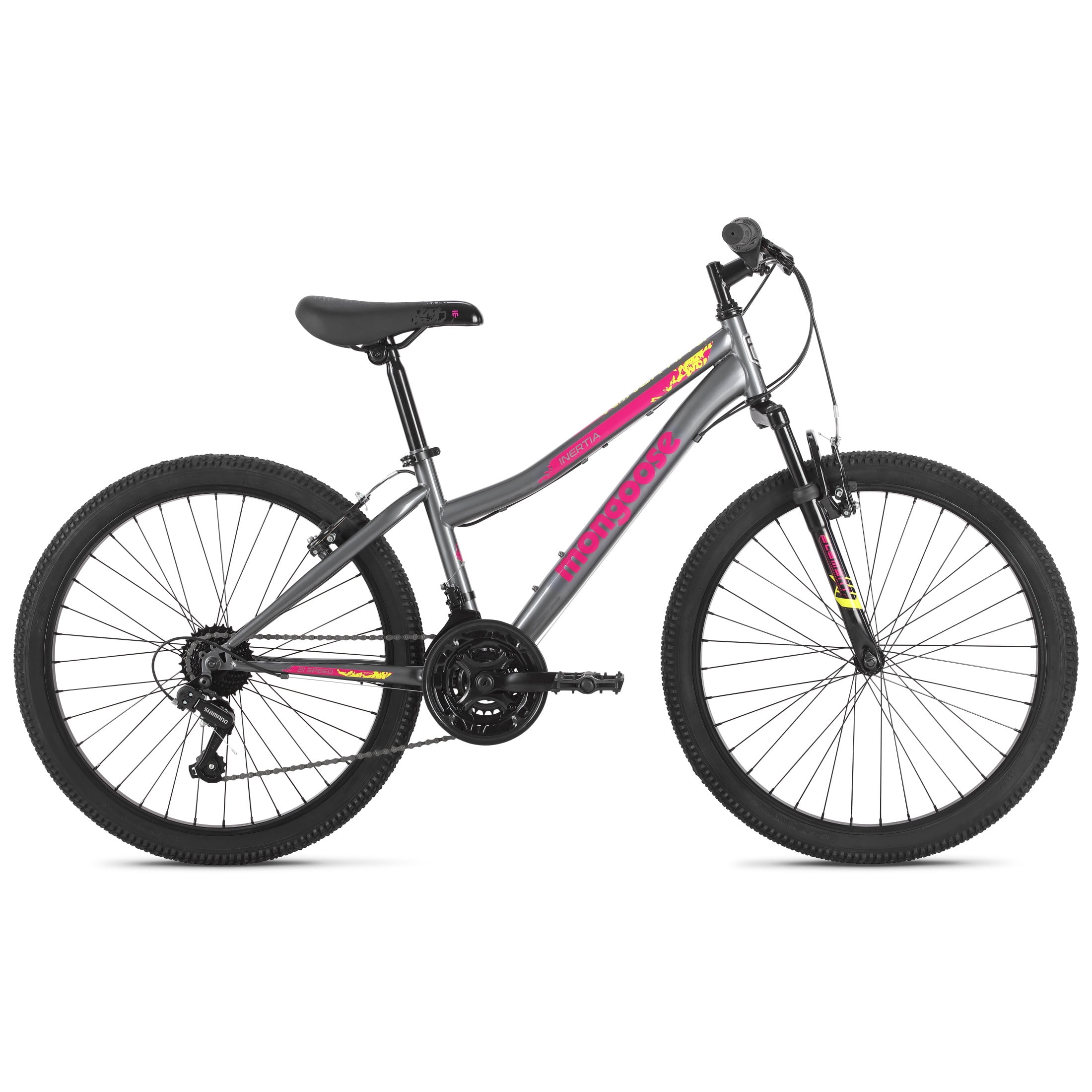 Mongoose Inertia Kids Mountain Bike, 24-Inch Wheels, 21 Speeds, Grey