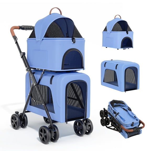 Monibloom 2-in-1 Double Dog Stroller with Detachable Carriers, Lightweight Foldable Pet Buggy for 2 Small Medium Pets, All-Terrain Wheels, Storage Basket