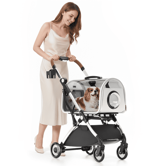 Monibloom 2-in-1 Pet Stroller with Detachable Hard Carrier, Clear & Mesh Windows, One-Hand Fold, All-Terrain Wheels for Cats Dogs up to 33lbs
