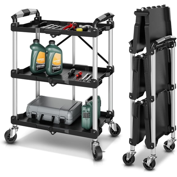 Monibloom 3-Tier Folding Rolling Cart - Heavy Duty Service Utility Cart with Wheels, 265 LBS Capacity - for Kitchen, Garage, Warehouse, Workshop & Restaurant, Black