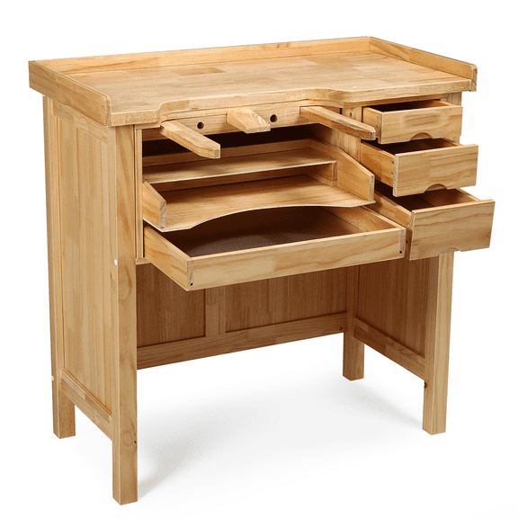 Monibloom 38.97" x 19.68" x 38.97" Natural Solid Rubber Wood Workbench with Step Drawer Design, 5 Drawers for Garage, Workshop, Home & Office