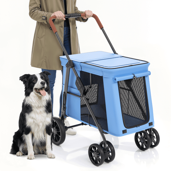 Monibloom Heavy-Duty Pet Stroller for Dogs up to 66lb, One-Button Quick Fold, Breathable Mesh Top & Sides, Smooth Wheels, Ample Storage