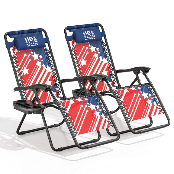 Monibloom Set of 2 Zero Gravity Outdoor Folding Reclining Lounge Chairs with Adjustable Pillow, Cup Holder & Side Tray for Patio, Beach, US Flag