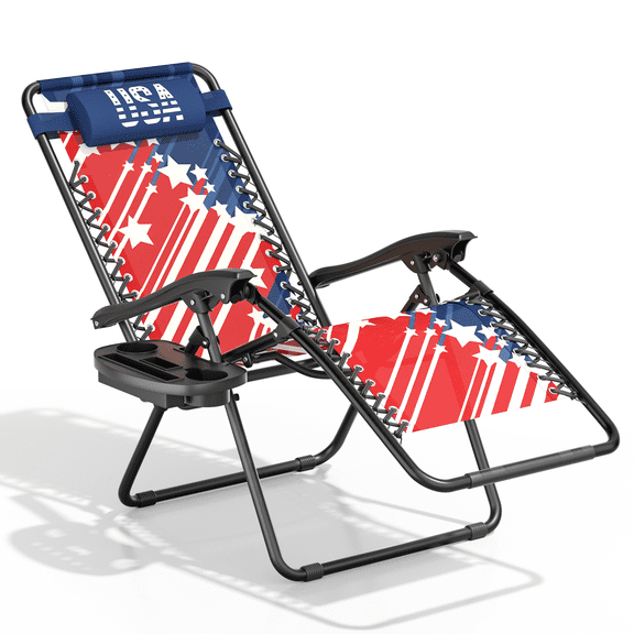 Monibloom Zero Gravity Outdoor Folding Reclining Lounge Chair with Adjustable Pillow, Cup Holder & Side Tray for Patio, Beach, Camping, Lawn, US Flag