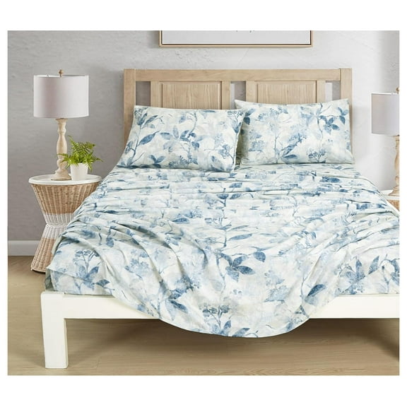 Monica 4-Piece Tropical Floral Bed Sheet Set - Blue Gray White Textured Floral Printed Microfiber 14-Inches Deep Pocket Sheets & Pillowcases Set, Queen