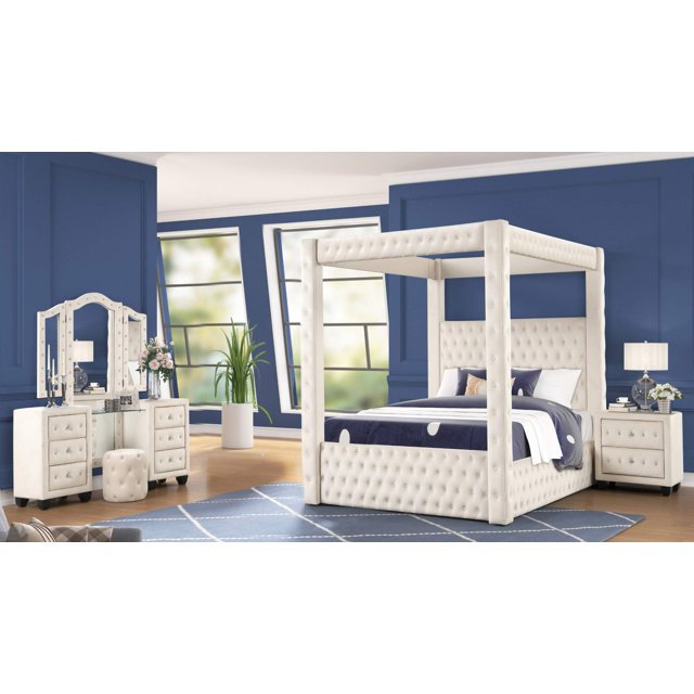 Monica Luxurious Four Poster Queen 4 Pc Vanity Bedroom Set Made With