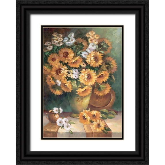 Monica Nero 24x32 Black Ornate Wood Framed with Double Matting Museum Art Print Titled - Sunflowers in Vase I