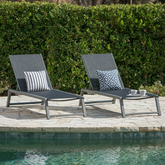 Monica Outdoor Aluminum Chaise Lounge, Set of 2, Grey, Black