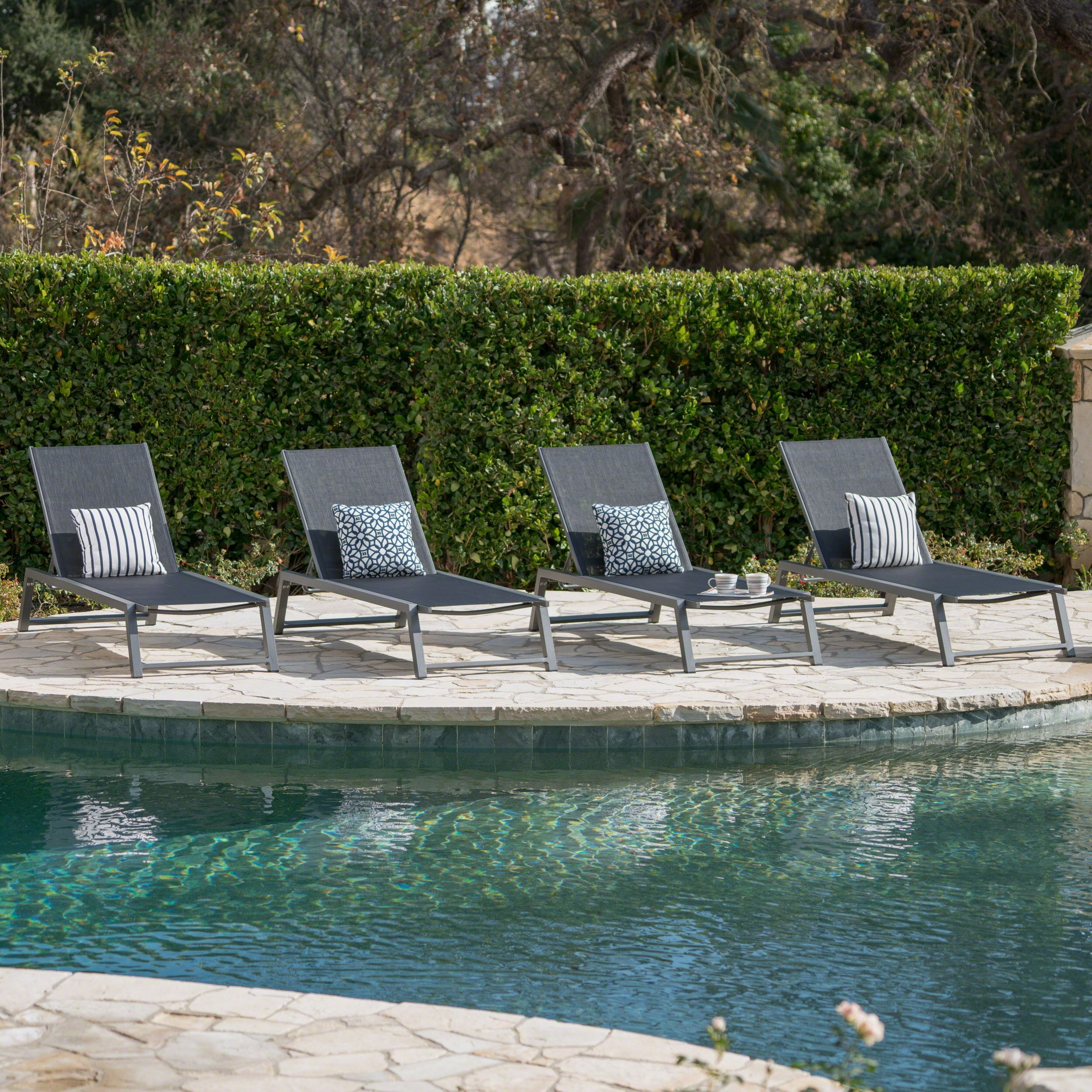 Monica Outdoor Aluminum Chaise Lounge, Set of 4, Grey, Black