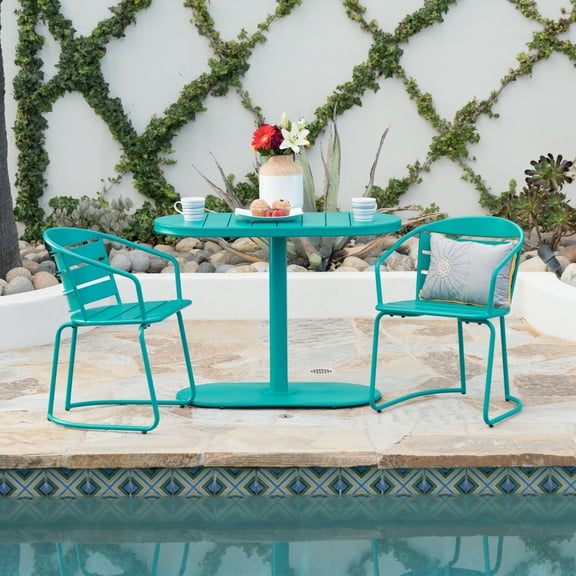 Monica Outdoor Iron Bistro Set, Matte Teal