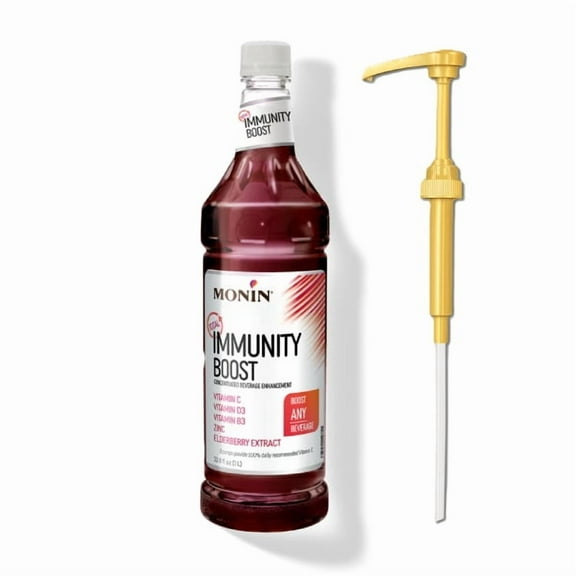 Monin Immunity Boost Flavouring Syrup with Elderberry, Vitamin C, D3, B3 & Zinc, 1L Plastic Bottle with Absol Gold Pump