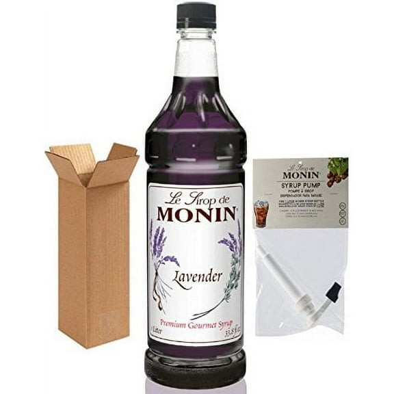 Monin Lavender Syrup, 33.8-Ounce Plastic Bottle (1 Liter) With Monin Pump, Boxed.