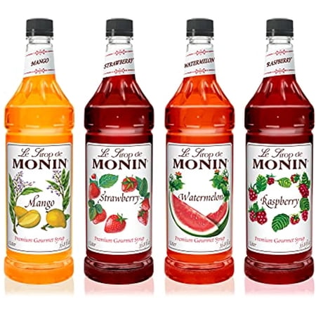 Monin - Monin Syrup Summer Variety Pack, Fruit Flavored Syrup, Mango, Strawberry, Raspberry, & Watermelon Syrup, Simple Syrup For Margaritas, Lemonade, Cocktails, & More, Clean Label (1 Liter, 4-