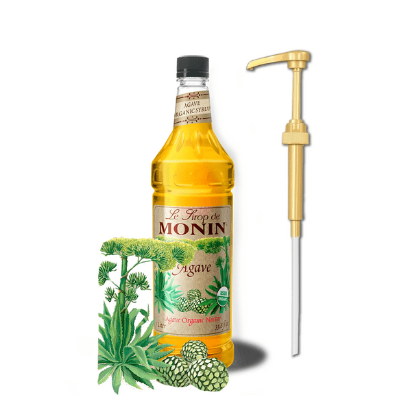 Monin Organic Agave Syrup 1L (33.8 fl oz) Plastic Bottle + Gold Pump