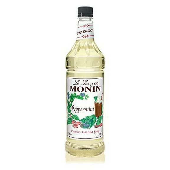 Monin - Peppermint Syrup, Cool Tingle of Candy Cane, Natural Flavors, Great for Cocoas, Mochas, Smoothies, and Sodas, Non-GMO, Gluten-Free (1 Liter)