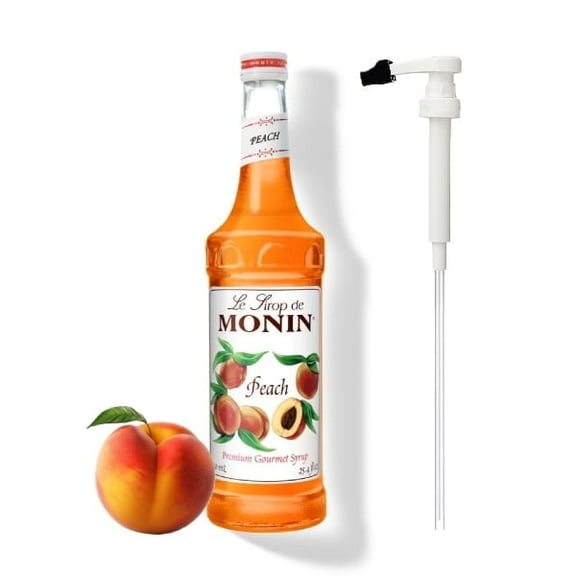Monin Premium Peach Flavouring Syrup, 25.4 fl oz (750ml) Glass Bottle with Absol white Pump