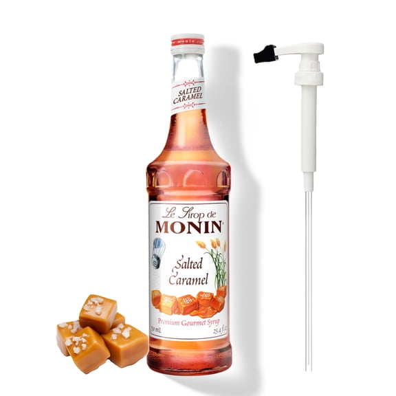 Monin Salted Caramel Flavouring Syrup, 25.4 fl oz (750ml) Glass Bottle with Absol White Pump