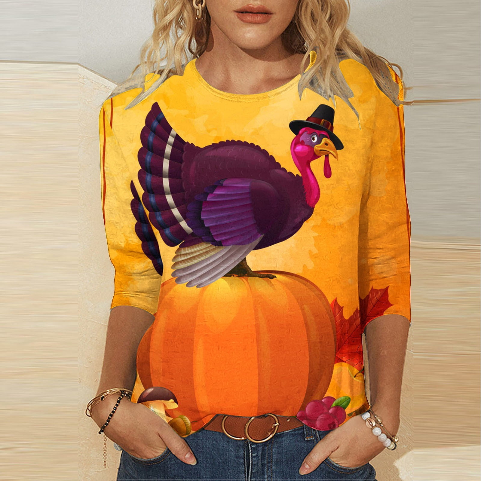 Monintic Womens Cotton Tunic Tops 3/4 Sleeve Multicolor L Graphic Tees Fall Winter Clothes Sales Clearance Previous Orders Abrigos De Mujer Invierno De Marca