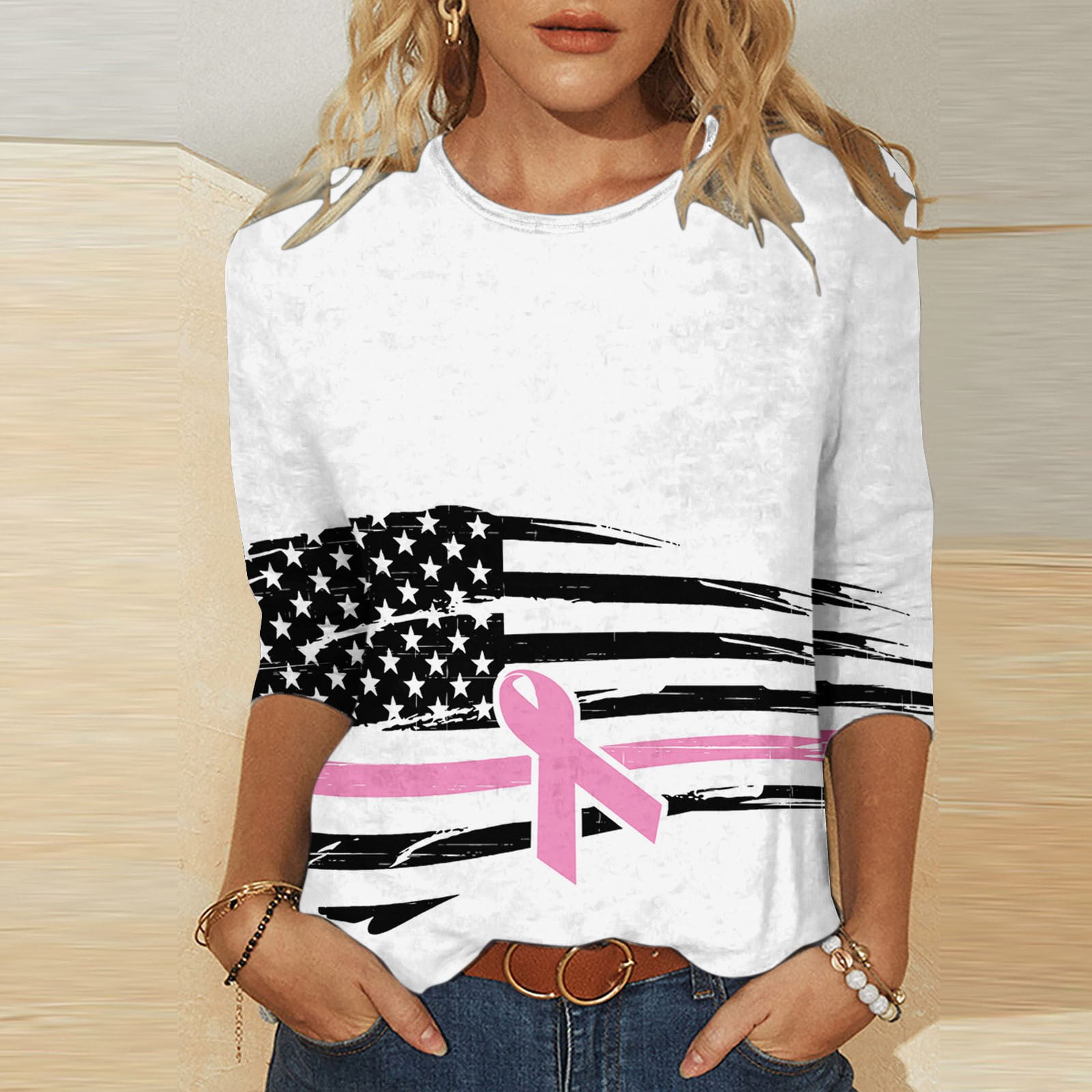 Monintic Womens Crew Neck T Shirts Cotton Super Soft 3/4 Sleeve Breast Cancer Awareness Shirts Pink L Basic Tees Loose Fit See My Orders Recently Ordered Ropa De Mujer En oferta De LiquidacióN