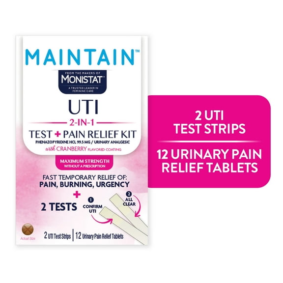 Monistat Maintain UTI Kit, 2-in-1 Urinary Tract Infection Kit, 2 UTI Test Strips and 12 UTI Pain Relief Tablets