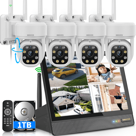OOSSXX 5MP Outdoor Wireless PTZ Security Camera System, 10-Channel Security All-in-One Monitor, WIFI Cameras System