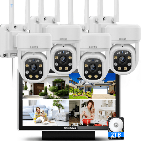 {Monitor All-in-One & 2-Way Audio} 5MP Outdoor Wireless PTZ Security Camera System,10-Channel Wi-Fi Security NVR System, WIFI Security System Pan, Indoor Video Surveillance DVR Set.