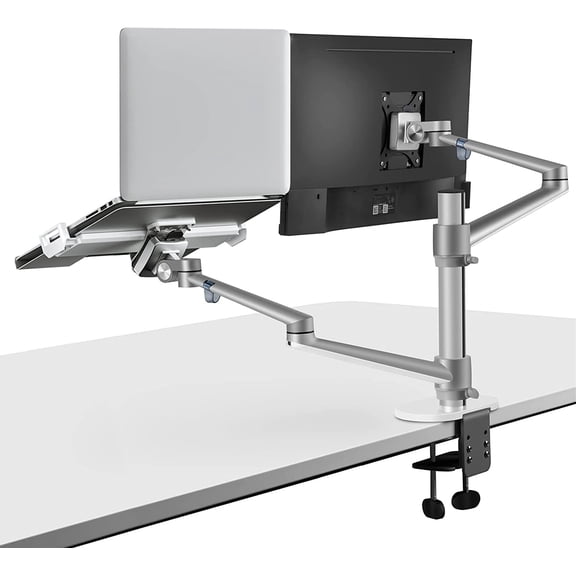Monitor and Laptop Mount, 2-in-1 Adjustable Dual Arm Desk Mounts Single Desk Arm Stand/Holder for 17 to 32 Inch LCD Computer Screens, Extra Tray Fits 12 to 17 inch Laptops (Silver)