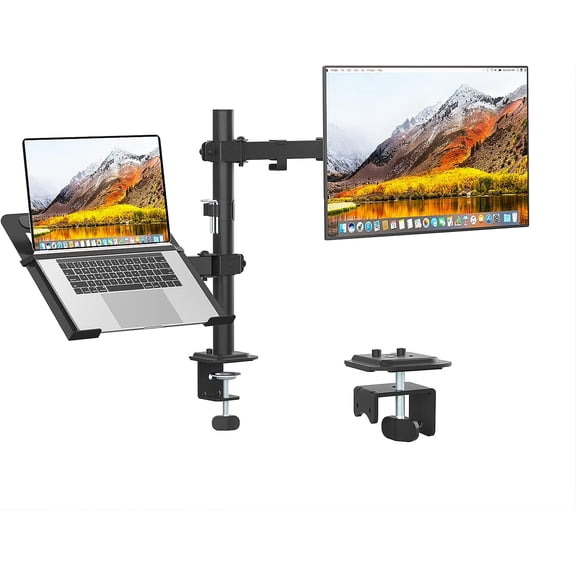 Monitor and Laptop Mount, Monitor Arm with Vented Tray for 13" to 27" LCD Computer Screens and Notebook up to 17 inch, Fully Adjustable Laptop Mount Stand Holds up to 17.6lbs