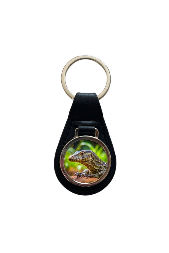 Monitor Lizard Reptile Metal Black Leather Keychain