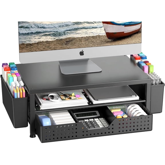 Monitor Riser, Laptop Stand for Desk, Office Desk Organizer and Accessories, Computer Monitor Stand, Desktop Shelf with Drawer and Pen Holder, Printer Stand for Home, Office, Dorm (Black)