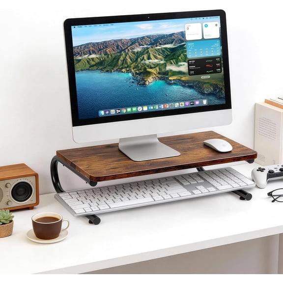 Monitor Riser for Desk, Wood & Metal Computer Monitor Stand, Laptop, PC, Printer Stand Riser, Rustic Brown