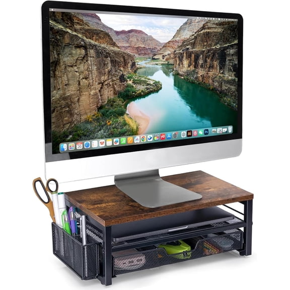 Monitor Riser with Drawers and Pen Holders, Wood & Mesh Metal Computer Monitor Stand with Storage for Desk, Rustic Brown
