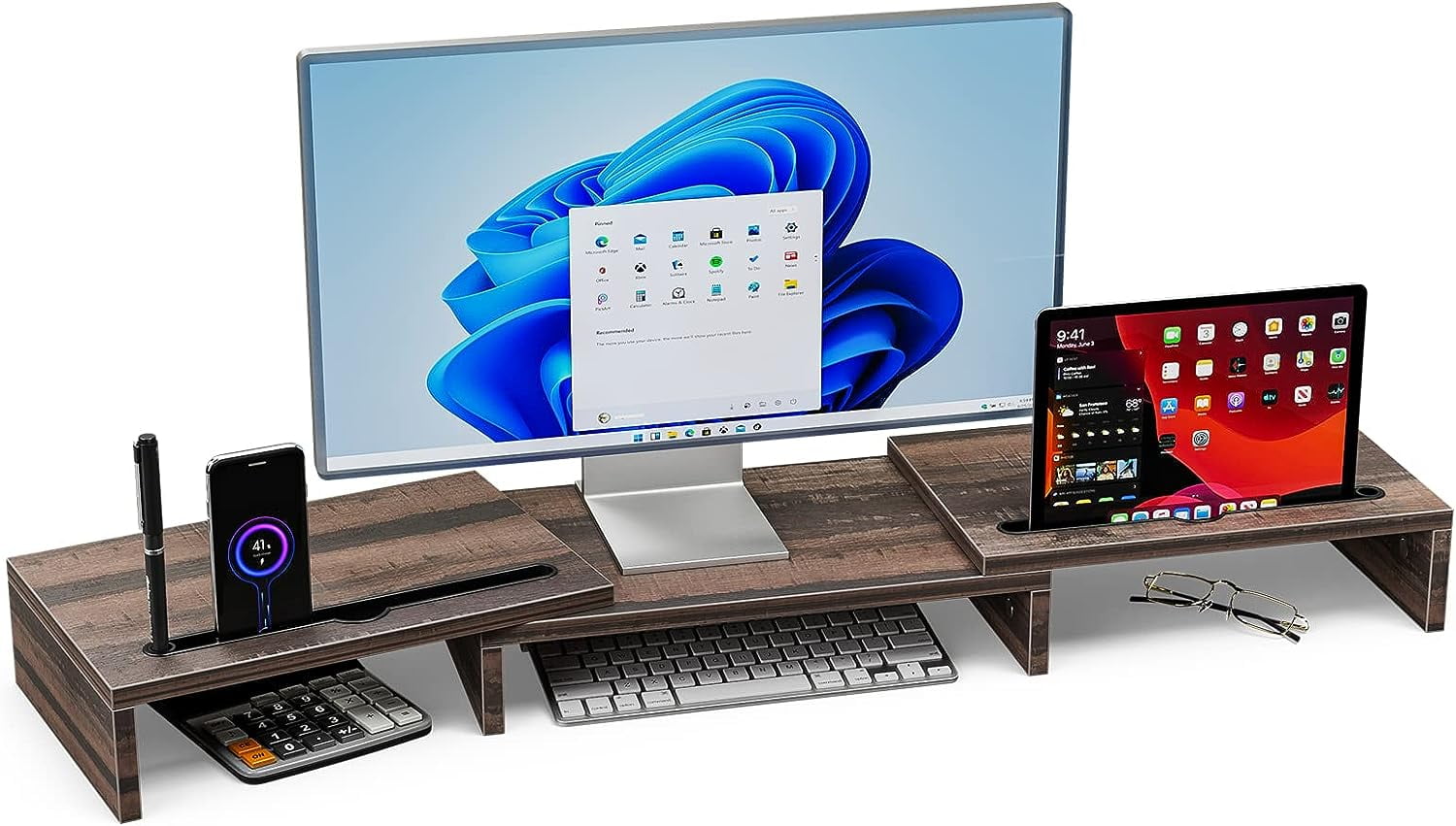 Monitor Riser with Slots Wood Dual Computer Monitor Stand Riser for TV