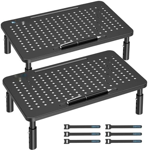 Monitor Stand 2 Pack Height Adjustable Metal Riser with Pen Holder, Black, 14.5” x 9.1”, Ergonomic Desktop Stand for Computer, Printer, Laptop, Adjustable Desk Riser with Cable Management