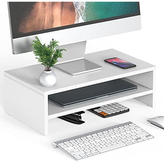 Monitor Stand - 2 Tier Computer Monitor Riser Shelf, Wood Desktop Stand for Laptop Computer Screen, Desk Organization, Office Supplies White,16.7“