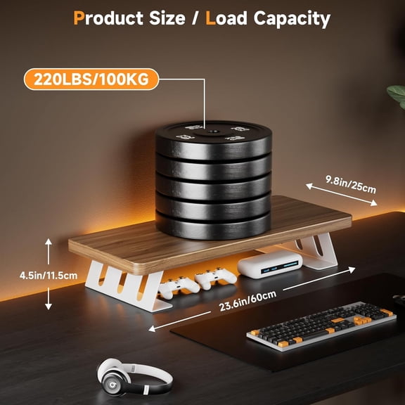 Monitor Stand - 24 Inch Wood Riser for Desk, 220 Lbs Capacity Laptop PC Printer Shelf Organizer for Home Office Gaming Setup