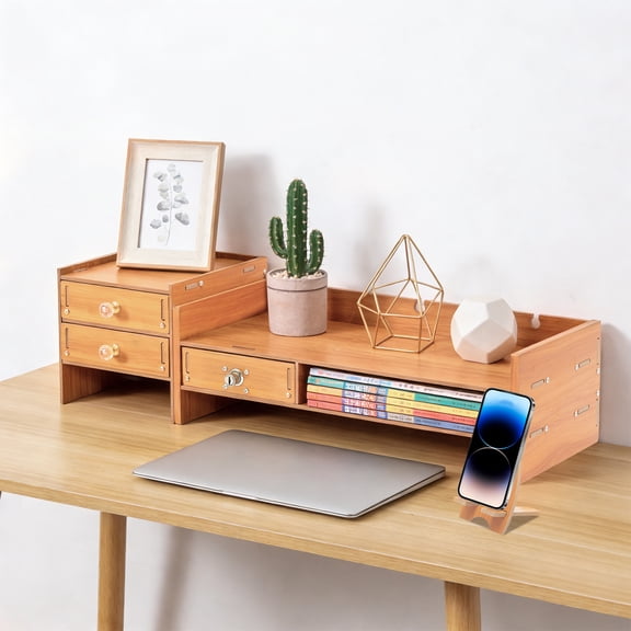 Monitor Stand with 3 Drawers & Lockable Storage, Wood Computer Riser for Desk, Ergonomic Laptop Stand with Side Cabinet, Phone Holder, MDF Desktop Organizer for Home Office