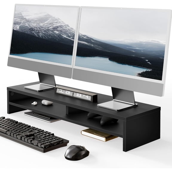 Monitor Stand, 31.5 Inch Computer Monitor Riser for Desk, 2 Tiers Wood Desk Shelf with Storage, Desktop Organizer for PC, Laptop, Screen, Printer