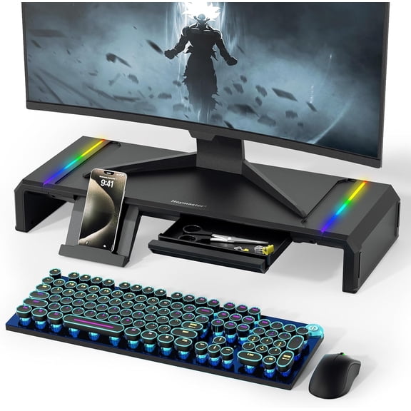 Monitor Stand for Desk, Gaming Monitor Riser with RGB Light, Foldable Computer Monitor Stand Riser, Desk Organizers and Accessories for Desktop, Printer (Black)