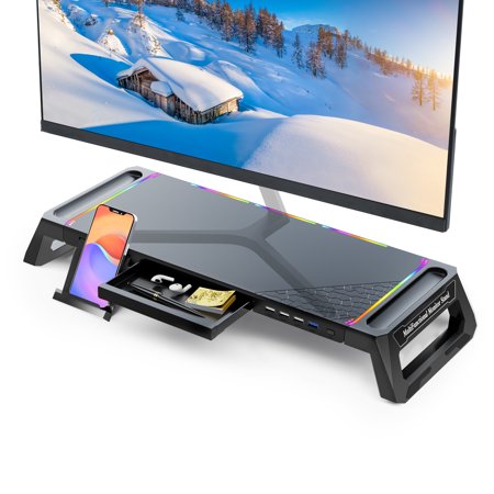 Monitor Stand for Desk RGB Gaming Lights with USB 3.0 & 2.0 Hub, Moojay Foldable Computer Screen Riser with Storage Drawer and Phone Holder, Desk Organizer with Pen Tray for PC/Laptop/iMac - Black