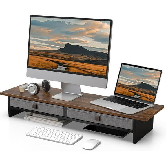 Monitor Stand with Drawer, 2 Tiers Dual Monitor Riser for Desk, 35 Inch Computer Stand for 2 Monitors, Desk Shelf for Home, Office, Laptop, PC, TV, Printer