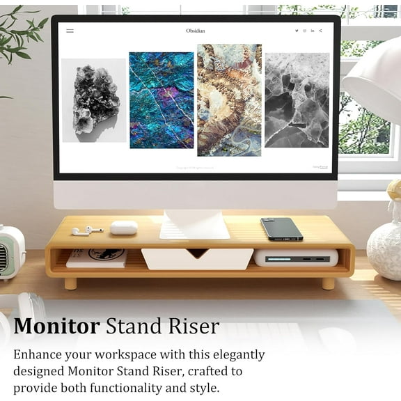 Monitor Stand with Drawer - Ergonomic Bamboo Computer Riser for Desk with Storage Organizer, White Wood Laptop Stand for Monitor, Printer, TV, High Capacity 150lbs Support