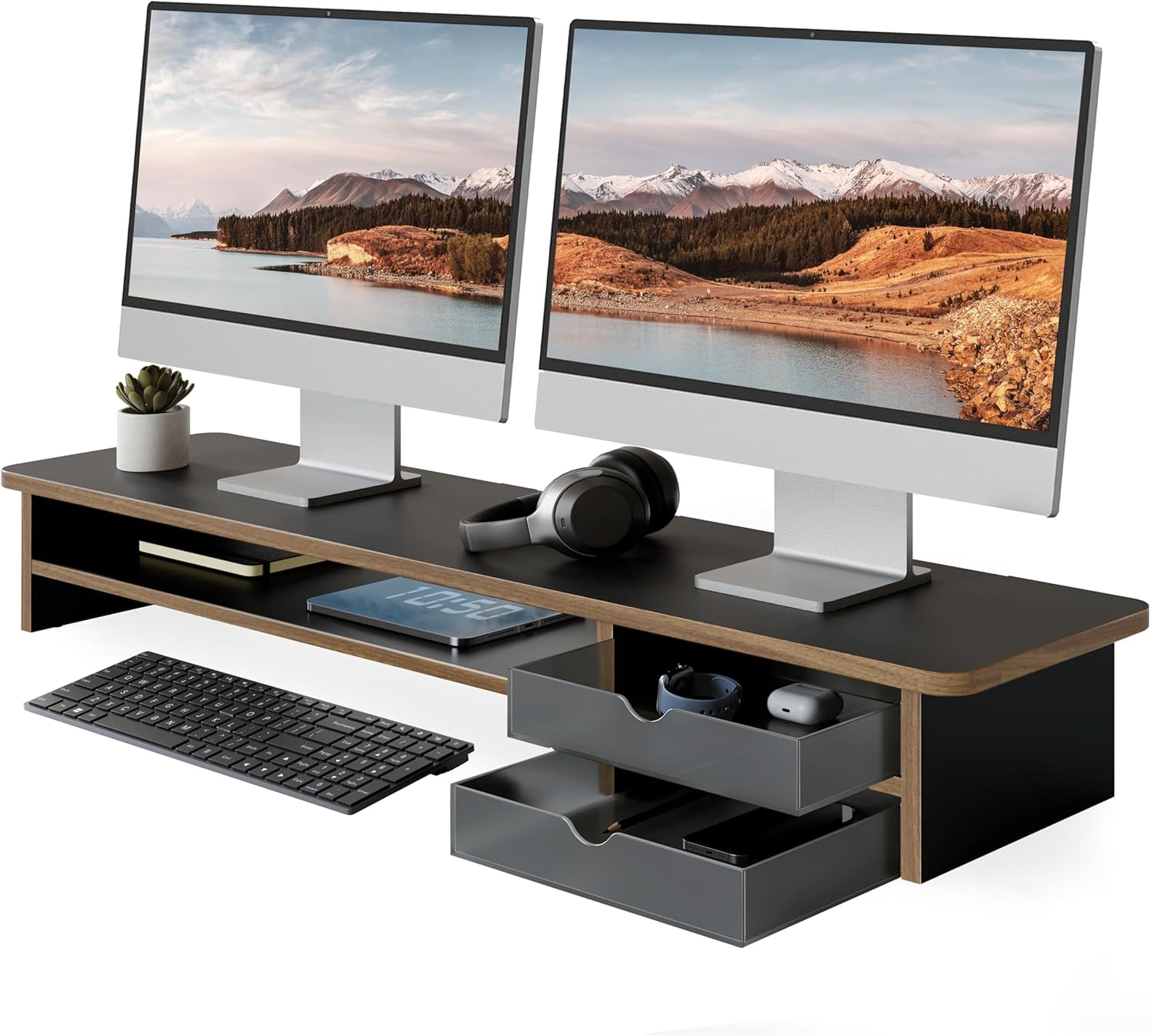 Monitor Stand, Dual Monitor Riser, 42.5inch Large Desk Computer Monitor Stand Riser with Drawer, 2 Tier Wood & Acrylic Desktop Organizer with Cable Management